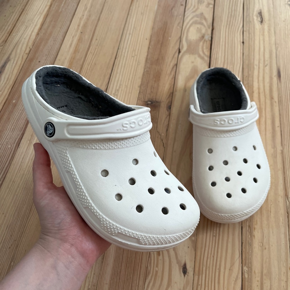 Crocs Classic Lined Clogs White Charcoal Grey Fuzzy Fleece Warm Slip On‎ Shoes
